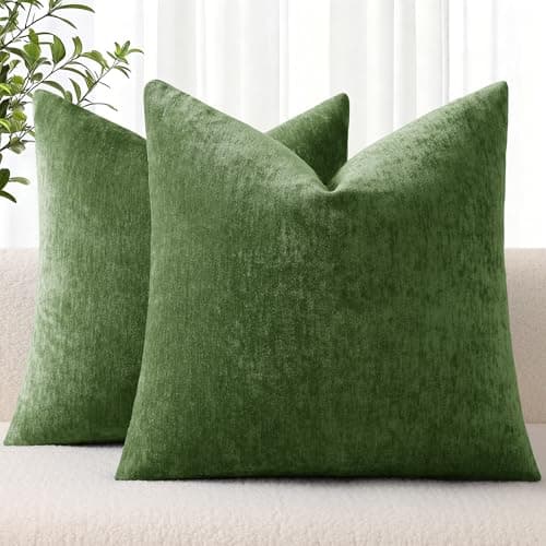 decorUhome Chenille Moss Green Spring Throw Pillow Covers 18x18 Inch Set of 2, Decorative Soft Couch Pillow Covers Solid Dyed Accent Farmhouse Neutral Square Pillow Cases for Sofa
