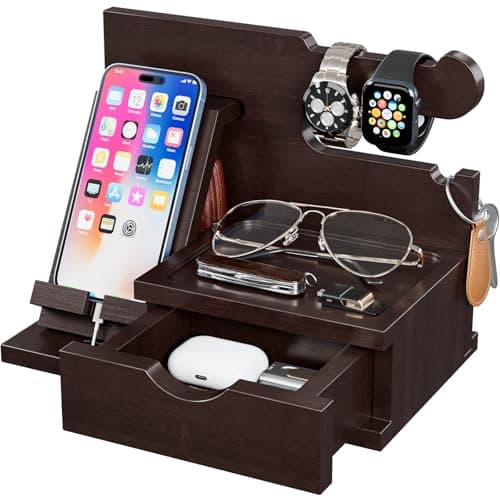 Best Wood Phone Docking Stations #10 from Yirilan Yirilan Wood Phone Docking Station, Nightstand Organizer, Birthday Gifts for Men -Gifts for Dad/Boyfriend/Grandpa, Anniversary, Christmas, Graduation Travel Idea Gadgets-Brown