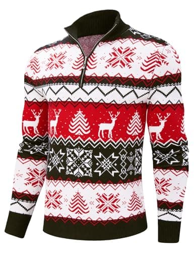 Belovecol Ugly Christmas Sweaters for Men Quarter Zip Polo Pullover Xmas Tree Red Snowflake Reindeer Knitwear Classic Turtleneck Rib Long Sleeve Sweater L