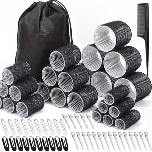 66 Pcs Hair Rollers for Women, Rollers Hair Curlers, 24 Pcs in 4 Sizes(60/48/36/25 Mm) with 40 Stainless Steel Clips, Self Grip Holding Rollers for Hair, Long, Medium, Short, Storage Bag, Comb
