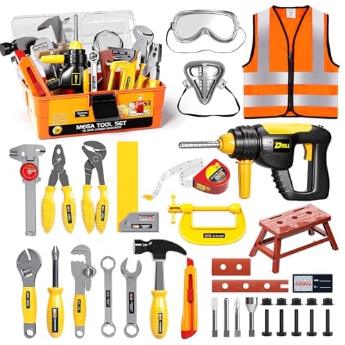 Deejoy Tool Set with Tool Box & Electronic Toy Drill, Pretend Play Kids Construction Kits for Kids Ages 3-5 Years Old, Toddler Boy Toys(Orange)