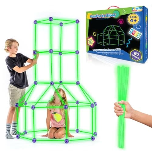 Fun Forts Glow Fort Building Kit for Kids - 81 Pack Glow in The Dark STEM Building Toys Indoor Outdoor Play Tent for Kids Construction Toys with 53 Rods and 28 Spheres