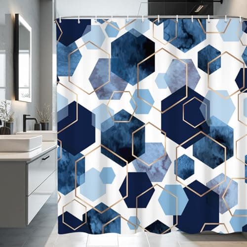 deFouliao Blue Shower Curtain Navy Blue Modern Abstract Geometric Grid Bathroom Curtain Sets for Bathtub Home Decor, Waterproof Fabric Washable with Hooks, 72x72 Inch