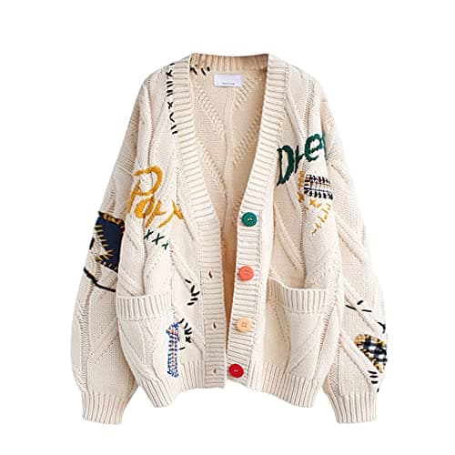 Women's Cable Knit Long Sleeve Open Front Cardigan Sheep V-Neck Button Down Embroidery Wool Blend Sweater Coat Outwear (L,Beige)