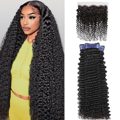 Human Hair Bundles Deep Wave Bundles Human Hair with Frontal (22 24 26+20, Free Part) 16A Wet and Wavy Curly 3 Bundle with 13x4 HD Lace Frontal 100% Brazilian Raw Hair Extensions Natural Black