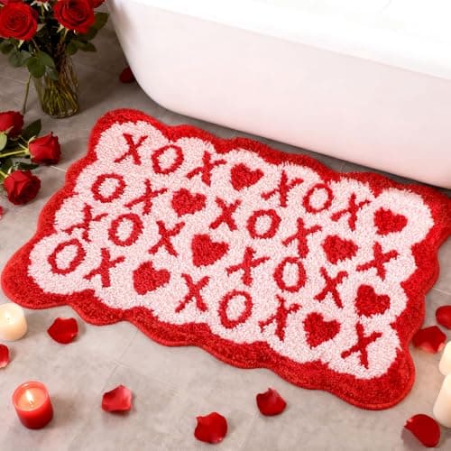 Best Pink Bathroom Rugs #9 from Dunzy Dunzy Valentine's Day Heart Bath Mat XOXO Scalloped Bath Rug Red and Pink Valentines Bathroom Decor Heart Tufted Non Slip Washable Shower Rug for Bathroom Home Kitchen