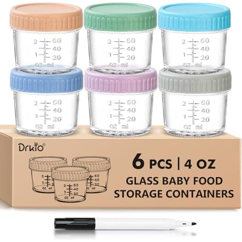 DRKIO 6 Pack Glass Baby Food Storage Containers - 4 Oz Baby Food Jars with Lids Baby Food Maker Microwave Dishwasher Freezer Safe 100% Leak Proof BPA Free Reusable