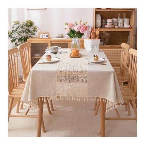 Bcughia Rectangular Tableclothes, Beige Tablecloth 55" L x 39" W Polyester Washable Hollow Butterfly with Tassels Tablecloth for Kitchen Dinning Tabletop Decoration