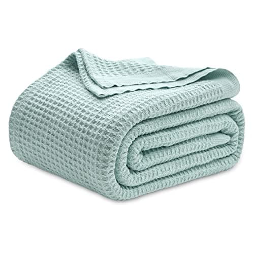 Bedsure 100% Cotton Blanket Queen Size for Bed - Waffle Weave Fall Blanket, Lightweight and Breathable Soft Woven Blanket for Summer, Mint, 90x90 Inches