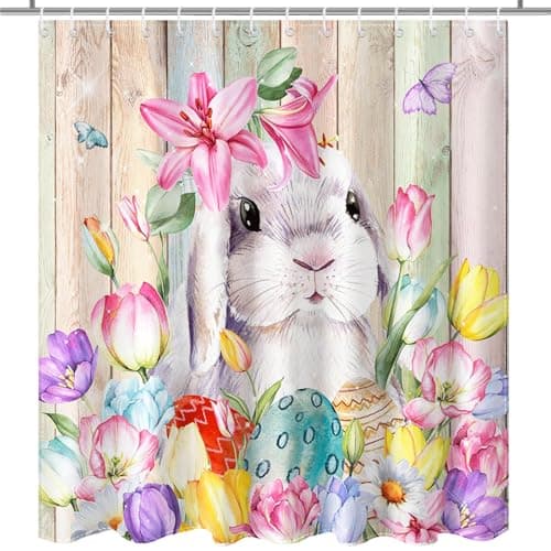 Lindameler Cute Easter Shower Curtain Spring Florals Colorful Easter Eggs Funny Bunny Wooden Decor for Kids Bathroom Curtain Polyester Fabric 72x72 INES with 12 Hooks