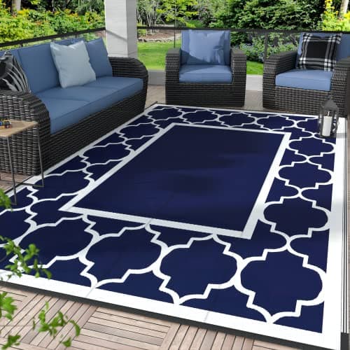 GENIMO 5' x 8' Outdoor Rug Waterproof for Patio Decor, Foldable Reversible Plastic Straw Area Rugs Mat for Camper, Outside Carpet for Rv, Deck, Porch, Picnic, Beach, Balcony, Blue & White