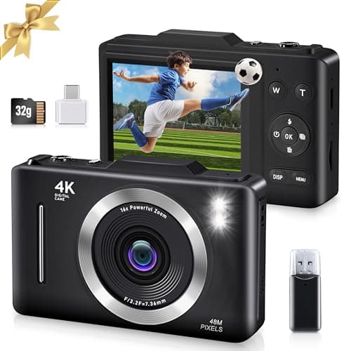 Digital Camera, FHD 1080P Kids Camera Digital with 16x Zoom Anti Shake, 32GB Card, 4K 48MP Portable Compact Point and Shoot Cameras, Vintage Small Camera for Teens Beginner Kids Present