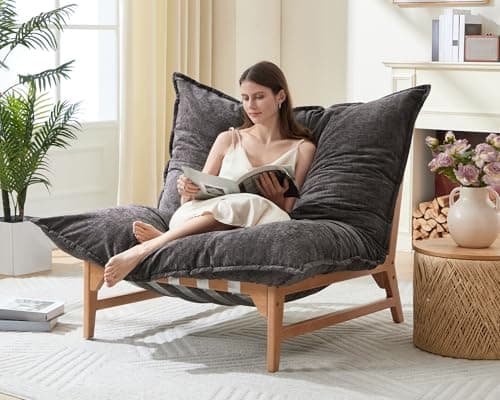 AMERLIFE 46" Oversized Sofa Chair, Modern Accent Chair, Sofa Style Bean Bag with Plush Cushion, Lazy Lounge for Living Room, Chenille Gray
