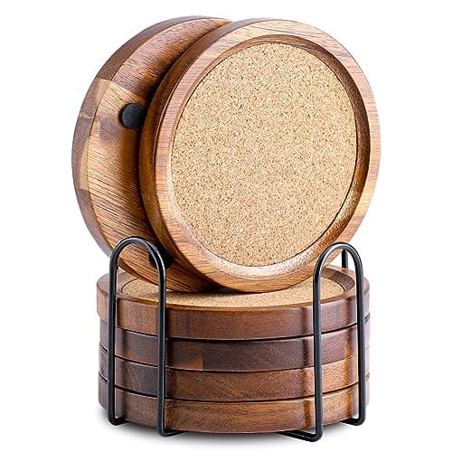 Wood Cork Coasters for Drinks Absorbent with Holder, WLWNWFT Acacia Wood Coaster Sets Rustic Farmhouse for Coffee Table Dining Table Wooden Table Coasters for Desk, Set of 6 4.33in