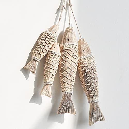 OECECR Vintage Wooden Fish Hanging Wood Fish with Fishing Net Decor Hand Carved Nautical Ornaments Home Wall Decor Hanger Gift - Small