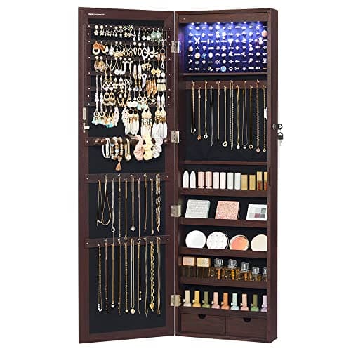 SONGMICS 6 LEDs Mirror Jewelry Cabinet, 47.2-Inch Tall Lockable Wall or Door Mounted Jewelry Armoire Organizer with Mirror, 2 Drawers, Christmas Gifts,3.9 x 14.6 x 47.2 Inches, Brown UJJC93K.