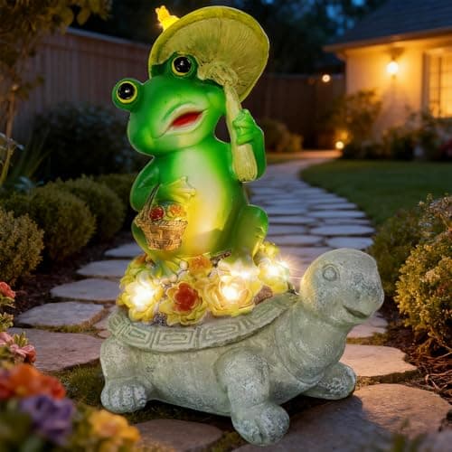 Solar Garden Statue Outdoor Decor Turtle & Frog with LED Lights – Yard Decor for Patio, Balcony, Backyard, Lawn Ornaments Tortoise Figurine, Unique Birthday Gifts for Mom, House Warming Gifts New Home