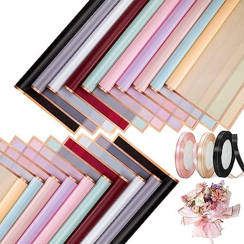 100 Sheets Flower Wrapping Paper Pure Color Flower Bouquet Wrapping Paper Waterproof Florist Bouquet with 3 Ribbons for Bouquets DIY Crafts Packaging Bouquet, 22.8x22.8 inch (10 Colors)