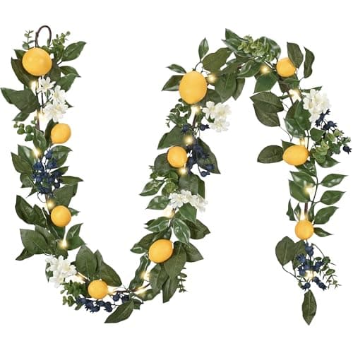Valery Madelyn Summer Lemon Garland for Mantle with Lights, 6FT Spring Fake Fruit Eucalyptus Garland for Stairs, Artificial Thin Faux Greenery Vine for Farmhouse Home Kitchen Table Centerpiece