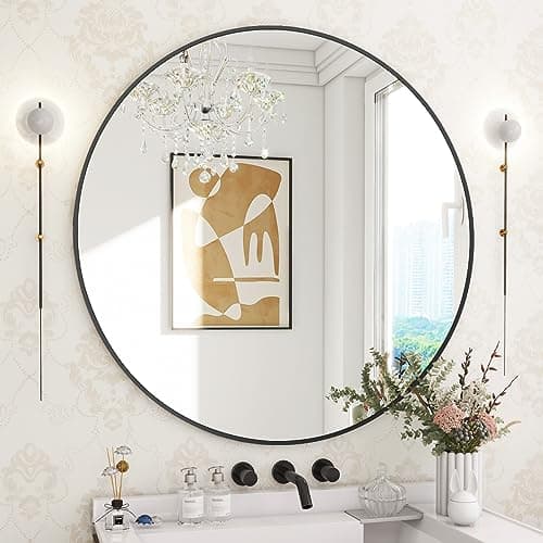 BEAUTYPEAK 30 Inch Round Mirror, Metal Frame Circle Mirror, Wall Mounted for Entryway, Bathroom, Vanity, Living Room, Black