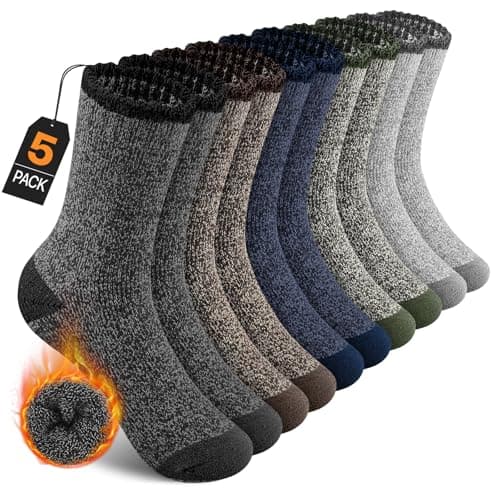 UUMIAER Merino Wool Hiking Socks for Men Thermal Winter Warm Thick Crew Cushion Moisture Wicking Socks 5 Pairs