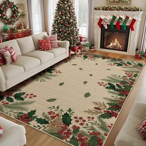 Breling Christmas Area Rug 4x6 Feet Leaves Holly Pine Red Berry Cabin Southwestern Soft Washable Christmas Rug Xmas Decorative Floor Carpet for Xmas Living Room Bedroom Dining Room Kitchen Bathroom