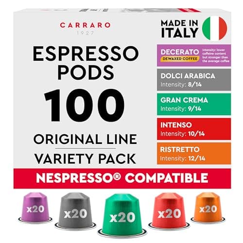 CARRARO Variety Pack - 100 Premium Espresso Pods Compatible with Nespresso Original Machines - Medium & Dark Roast Espresso Aluminum Capsules, 10 Packs - 100 Servings, Made in Italy