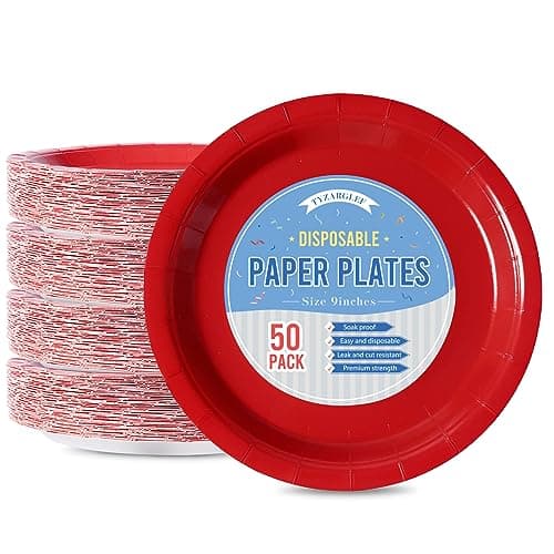 Tyzarglef Disposable Paper Plates Red, 50 Count 9” Dinner Plates Bulk for Party Supplies, Colored and Sturdy Party Plates for Birthday, Christmas, Baby shower, Bridal party supplies