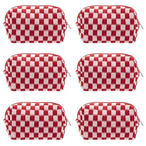 PAZIMIIK Checkered Makeup Bag for Purse Portable Zipper Make Up Pouch Small Cosmetic Case for Travel Accessories (6PCS Red)