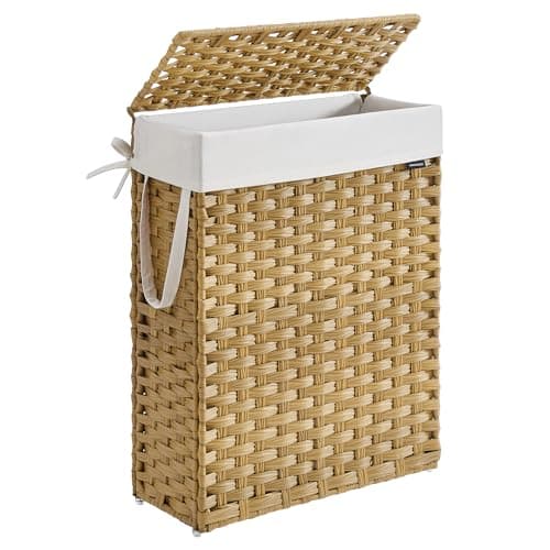 SONGMICS Slim Laundry Hamper with Lid, 14.5 Gallon (55L) Rattan Clothes Laundry Basket with Lid and Handles, Foldable, Removable Liner, Goose Yellow ULCB164N01