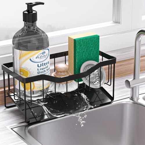 Vanwood Sponge Holder for Kitchen Sink with Auto Draining Tray, Sink Caddy Kitchen Sink Cocina Organizer, Self Drain Dish Soap Sponge Caddy for Counter