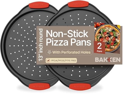 Pizza Tray – 2 Round with Silicone Handles – Carbon Steel Pizza Pan with Holes and Non-Stick Coating – PFOA PFOS and PTFE Free by Bakken