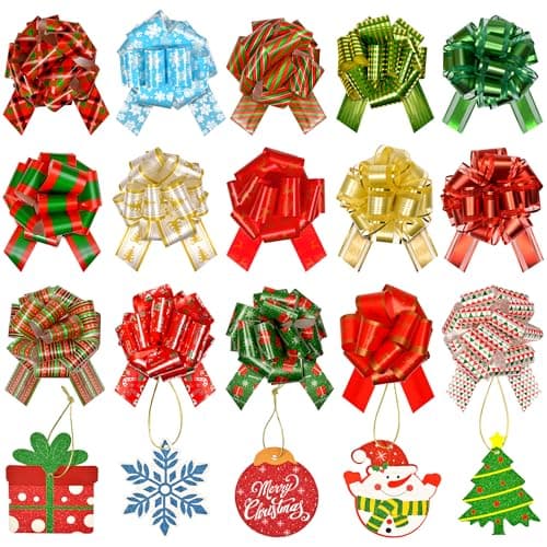 15Pcs Christmas Bows for Gift Wrapping & 15Pcs Glitter Christmas Gift Tags with String, Large Gift Bows Ribbon Pull Bows for Gift Wrapping, Present Bows for Xmas Gifts Birthday Holiday Decorations