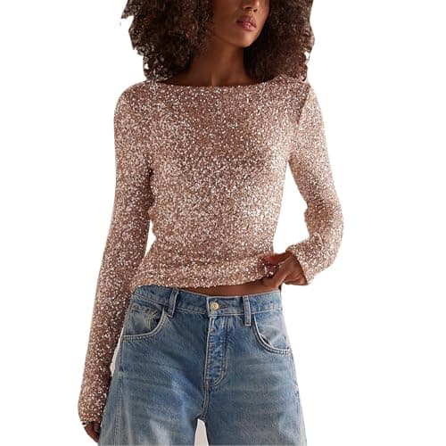 Women Long Sleeve Sequin Crop Tops Back Cowl Neck Sparkly Shirts Club Party Night Glitter Top Gold Pink