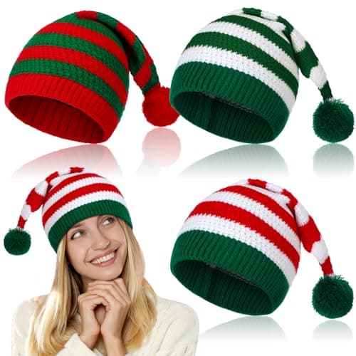 Funtery 3 Pcs Christmas Knitted Santa Hats Elf Hat Crochet Christmas Beanie Xmas Party Caps for Adults Women Men(Classic Style)