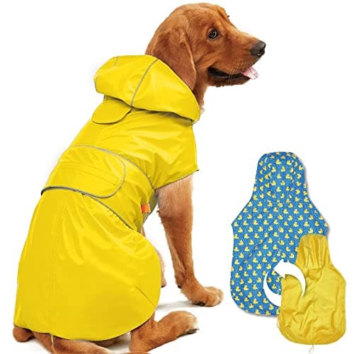 Kimee Dog Raincoat Reversible, Single Side Slicker Poncho Adjustable Waterproof Dog Rain Jacket with Leash Hole/Reflective Stripe Hooded Snowproof Windproof Clothes for Small to 3X-Large Dogs, M