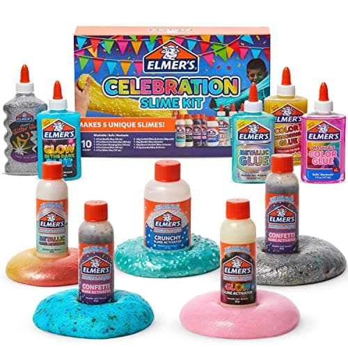 Elmer's Celebration Slime Kit, Complete Slime Supplies with Assorted Magical Liquid Slime Activators and Assorted Liquid Glues, 10 Count, Perfect for Parties and Activity Time