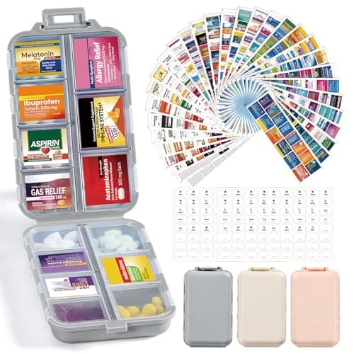 3 Pack 14 Grids Travel Pill Organizer Box with 415-Pcs Medicine Name Labels - Pocket Daily Pharmacy Case Container Kit - Travel Medication Holder Dispenser for Fish Oil Vitamin Supplement Storage