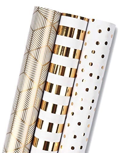 MAYPLUSS Birthday Wrapping Paper Roll - Mini Roll - 17 inch x 120 inch Per roll - White & Gold Foil Design (42.3 sq.ft.ttl)