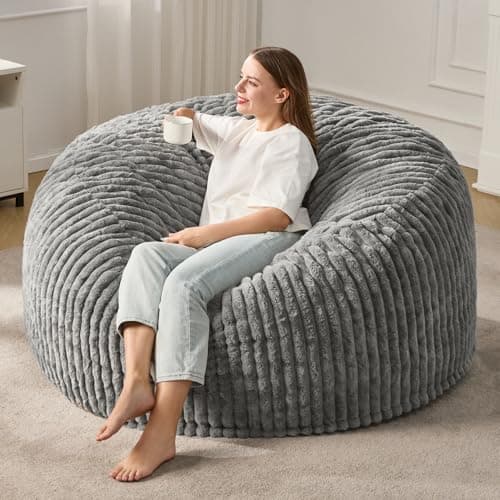 Best Grey Bean Bag Chairs #5 from Hobestluk Hobestluk 5ft Bean Bag Chairs for Adults Large Beanbag Chair with Stripe Plush Cover Big Bean Bag Chair for Living Room Bedroom Dorm Office -Grey (50” x 50” x 24”)
