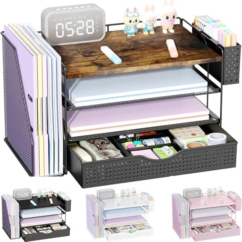 gianotter Wood Desk Organizers and Accessories with File Holder, 4-Tier Desk Accessories & Workspace Organizers with Drawer and Pen Holder, Paper Organizer for Office Supplies (Wood)