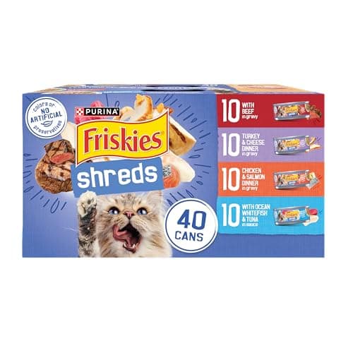 Purina Friskies Wet Cat Food Variety Pack, Shreds With Beef, Turkey and Cheese Dinner, Chicken and Salmon Dinner, and With Ocean Whitefish and Tuna - (Pack of 40) 5.5 oz. Cans