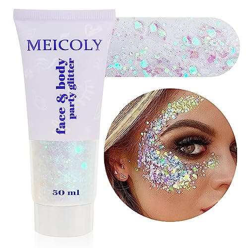 MEICOLY Clear White Body Glitter,Mardi Gras Face Glitter Singer Concerts Festival Rave Accessories,Chunky Hair Sparkling Halloween Glitter Gel for Women,Mermaid Sequins Glitter Face Paint,50ml