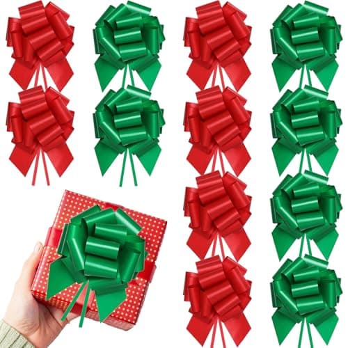Yokodaza 12 Pcs Large Christmas Bows for Gift Wrapping, 5 inch Xmas Pull Bows Christmas Ribbon for Presents, Tree, Wine Bottles, Festive Decorations - Red + Green