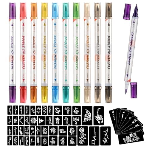 HAWINK Temporary Tattoo Markers for Skin, 10 Body Markers + 56 Large Tattoo Stencils, Dual-End Tattoo Pens Make Bold and Fine Lines ZYH2208001KIT
