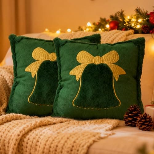 Deposhion Winter Throw Pillowcase 18x18 Inch Set of 2, Dark Green Embroidered Festive Bell, Soft Plush Artificial Fur Cushion Cover for Sofa Bed Living Room Decor (2, Dark Green)