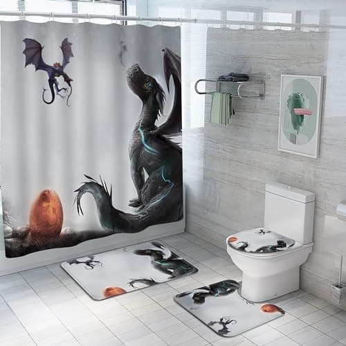 Planially 4Pcs Dragon Shower Curtain Sets,Dragon Bathroom Sets with Shower Curtain, Toilet Lid Rug, Contour Mat and Bath Mat, 12 Hooks Gift for Boy's Bathroom Set Decor,72 * 72Inch