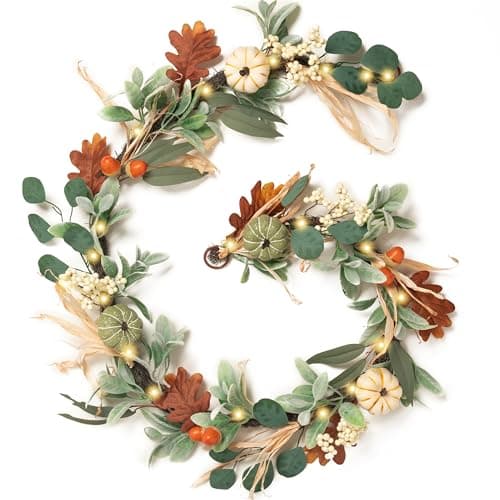 Valery Madelyn Fall Garland for Mantel, 6ft Hanging Pumpkin Garlands with Lights and Eucalyptus Leaves for Table Centerpiece Autumn Thanksgiving Decorations Outdoor Door Window Fireplace Home Decor