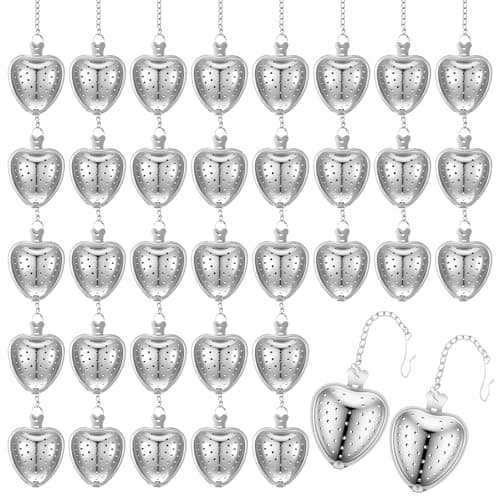 50 Pcs Stainless Steel Heart Shaped Tea Infuser, Loose Leaf Steeper with Mesh Filter and Extended Chain Hook for Cup Bottle Tea Party, Silver