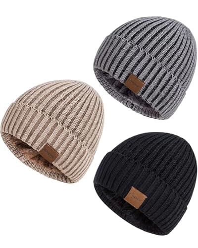 Mens Beanie Hats 3 Pack, Winter Hats for Men Women Warm Thermal Fleece Lined, Thick Knit Fashion Skull Cap Cuffed Beanie for Guys (Color-01)